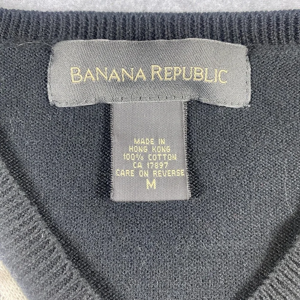 Banana Republic Sweater Mens‎ Medium Black Tan Stripe V Neck Cotton Pullover